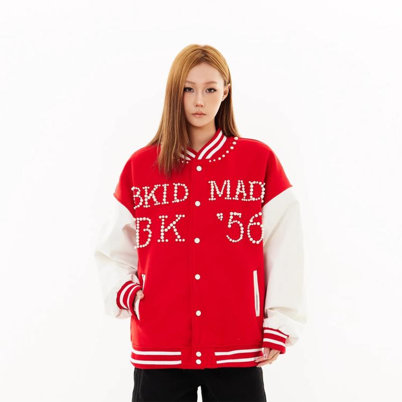 ジャケット レディース ベースボールジャケット ゆったり パール刺繍 配色 春秋 長袖 ポリエステル アウター カジュアル 日韓スタイル ブラック レッド