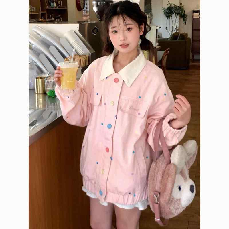 ジャケット レディース 韓国風 かわいい ドーパミンカラー 水玉模様 春物 ブルゾン ゆったり トップス ブルー ピンク系