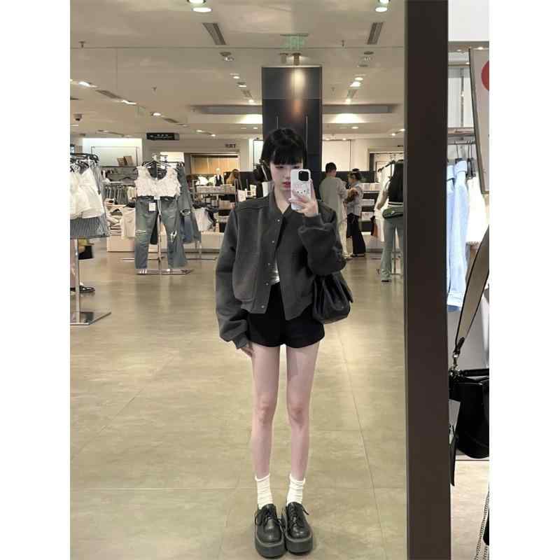 野球服 レディース ブルゾン ジャンパー 春アウター ショート丈 ゆったり グレー ポロ襟 長袖 スポーティー カジュアル