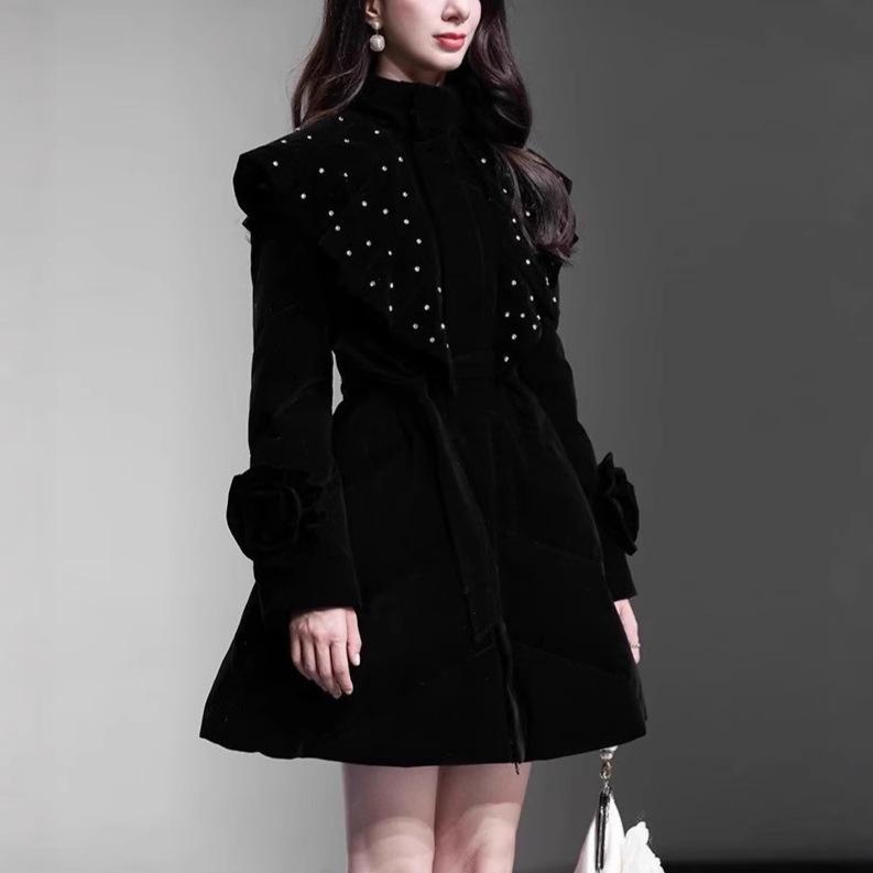 ダウンジャケット レディース 星空 手作業 ビーズ 花柄 ロマンティック かわいい ショート丈 別珍 冬 ..