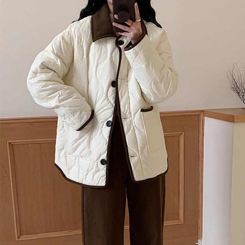 ダウンジャケット レディース 配色 ショート丈 ひし形 キルティング ゆったり アウター ポリエステル ..