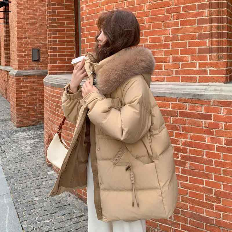Coat - ダウンジャケット レディース 大きいサイズ 中綿入り フード付き 狐狸毛 ポリエステル ゆったり ブラック ピンク系 秋冬