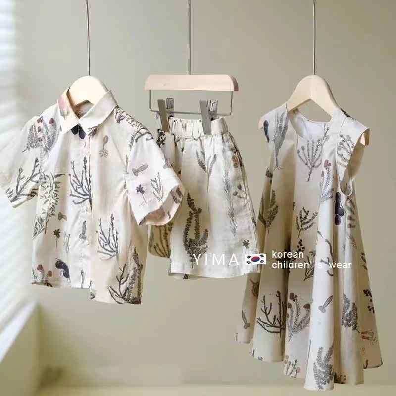 キッズ シャツ ワンピース 半袖 セットアップ 子供服 上下セット 花柄 姉弟 ペアコーデ ポリエステル 春夏 男の子 女の子 90 100 110 120 130cm(4.0)