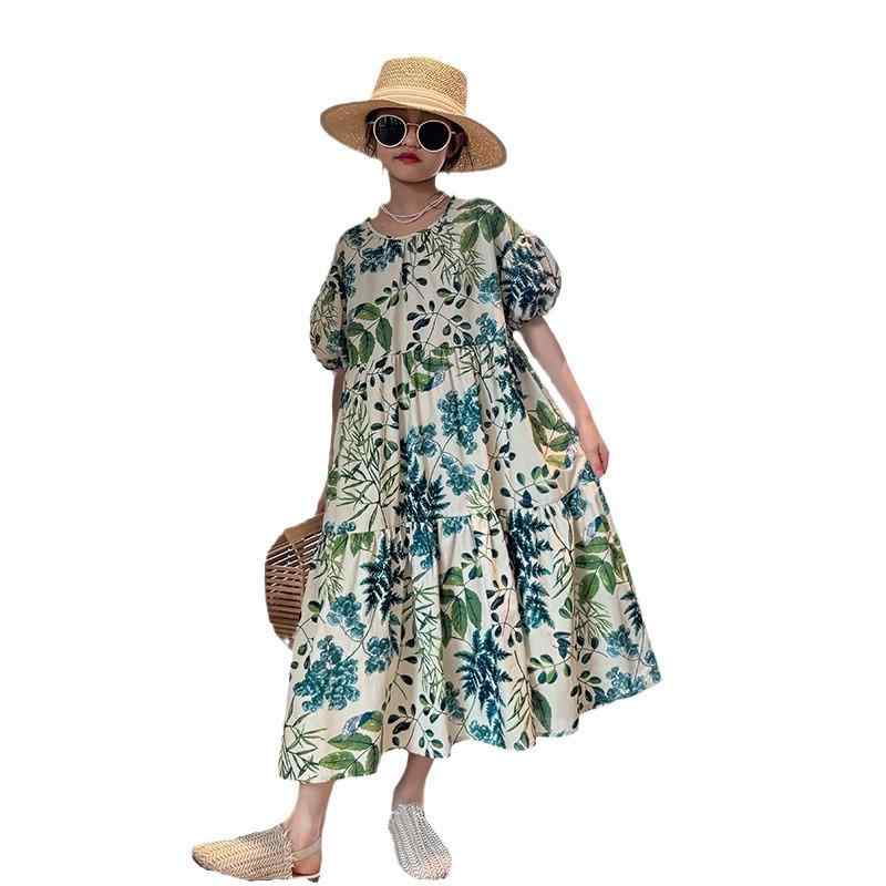 ワンピース キッズ 女の子 子供服 パフスリーブ 全綿 コットン 花柄 親子コーデ 膝下丈 ロングワンピース グリーン 120cm 130cm 140cm 150cm 160cm 170cm 180cm