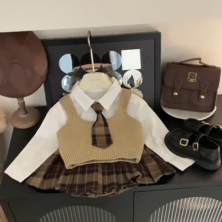子供服 セットアップ 女の子 秋 ニットベスト シャツ プリーツスカート 3点セット ガールズ フォーマル..