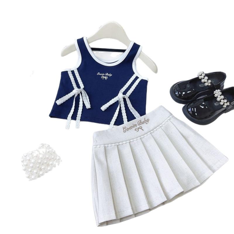 子供用タンクトップ スカートセット 女の子 レース 蝶結び キャミソール プリーツスカート 上下セット ..