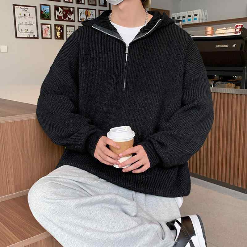 ニット メンズ ニットパーカ プルオーバー ハーフジップ 学院風 ゆったり ポリエステル混紡 長袖 トップス 普段使い 秋冬 グレー ブラック