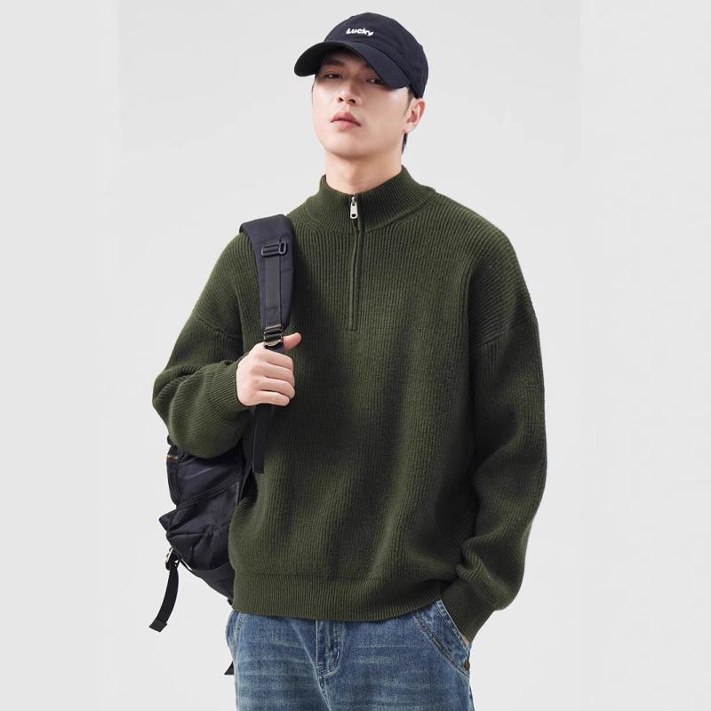 ニット メンズ ハーフジップ プルオーバー トレーナー 宽松 立襟 ポリエステル混紡 トップス 無地 アメリカンカジュアルスタイル 緑 黒 グレー