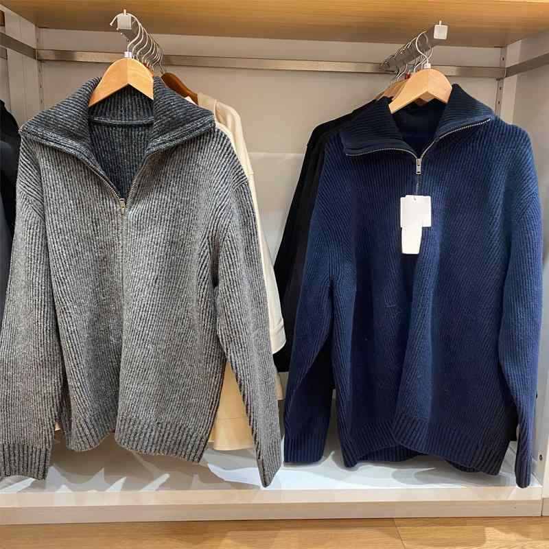 カーディガン 男性用 リブ ニット ジップアップ パーカー スウェット トップス 秋冬 青灰色 紺色