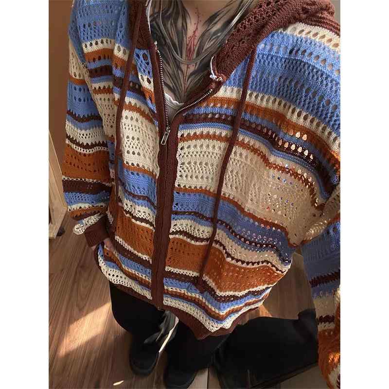 ニット メンズ カーディガン レトロ スケルトンデザイン 配色 フード付き トップス 春秋 薄手 羽織り 接触冷感 ゆったりサイズ カジュアル 普段使い