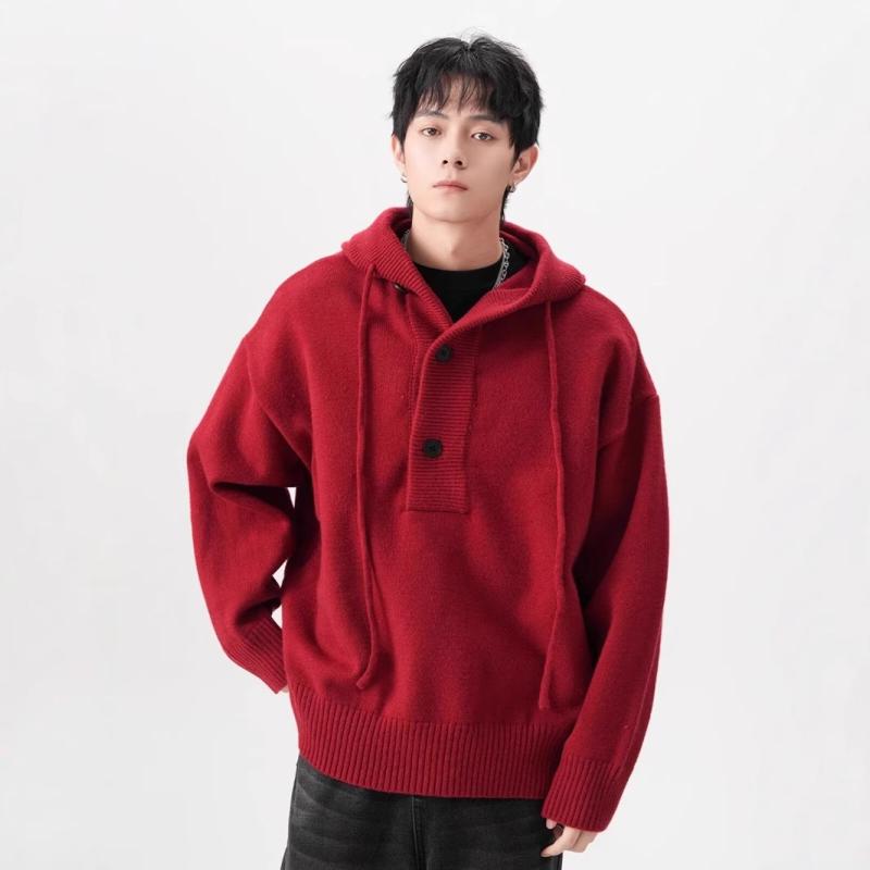 ニット メンズ 秋冬 パーカー プルオーバー トップス 長袖 ゆったり 厚手 カジュアル 無地 普段使い 韓国風 ファッション 深灰色 赤色 黒色