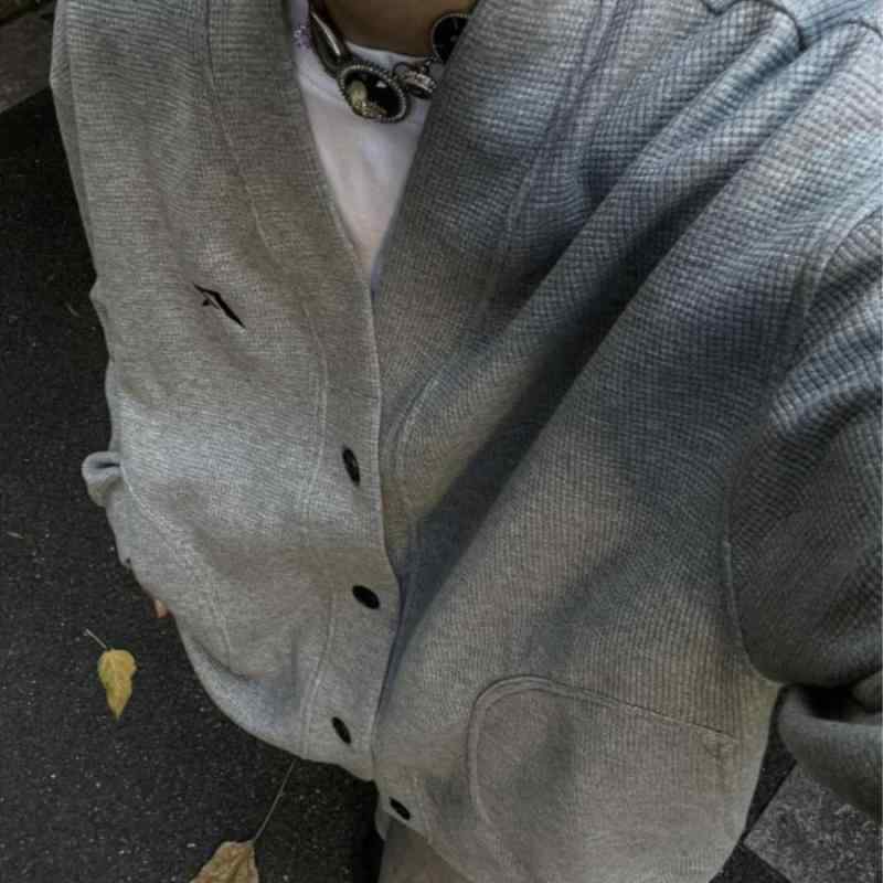 カーディガン メンズ 350g コットン ワッフル Vネック ニット カーディガン トップス ライトグレー 普段使い デイリーユース