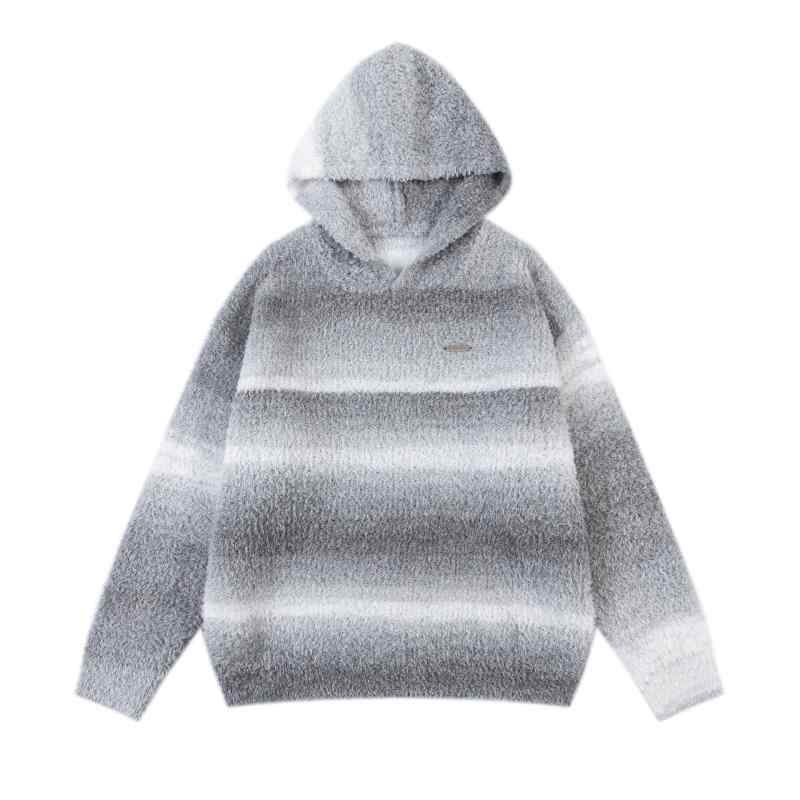 ニット メンズ ストリート風 グラデーション ボーダー柄 フード付き プルオーバー 厚手 冬 灰色 緑茶色 ポリエステル
