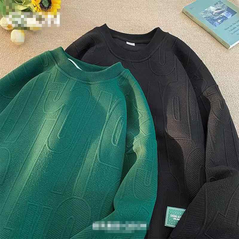 Other - スウェット メンズ 秋冬物 プルオーバー ゆったりめ ポリエステル ジャカード編み 長袖 Tシャツ トップス 裏起毛 白 黒 カーキ 緑