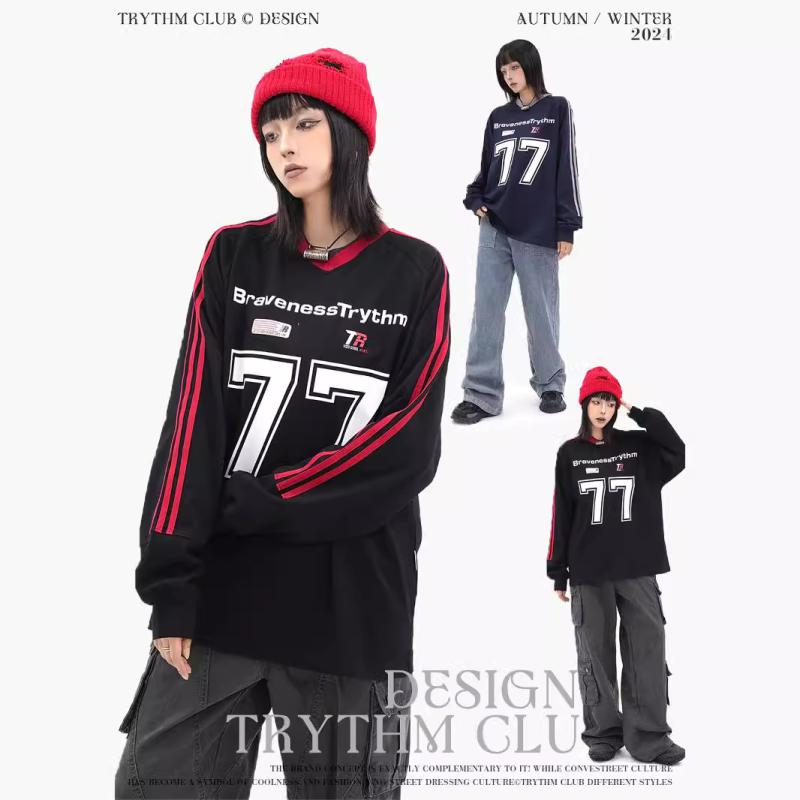 Tシャツ 男性用 アルファベット 数字 プリント 長袖 宽松 スポーツMIX アメリカン レトロ カットソー 藏青色 ブラック