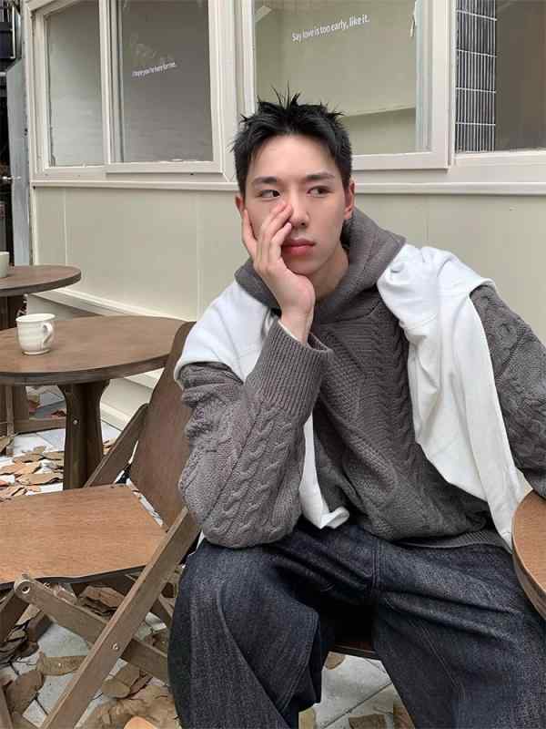 ニット メンズ パーカー 秋冬 リラックスフィット カジュアル プルオーバー セーター ポリエステル 杏色 ダークグレー