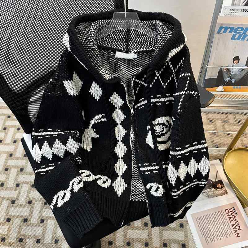 Knit Sweater - ニットカーディガン メンズ パーカー 秋冬 韓国風 リラックス 高級感 プチプラ 長袖 トップス アウター 菱形柄 ホワイト ブラック