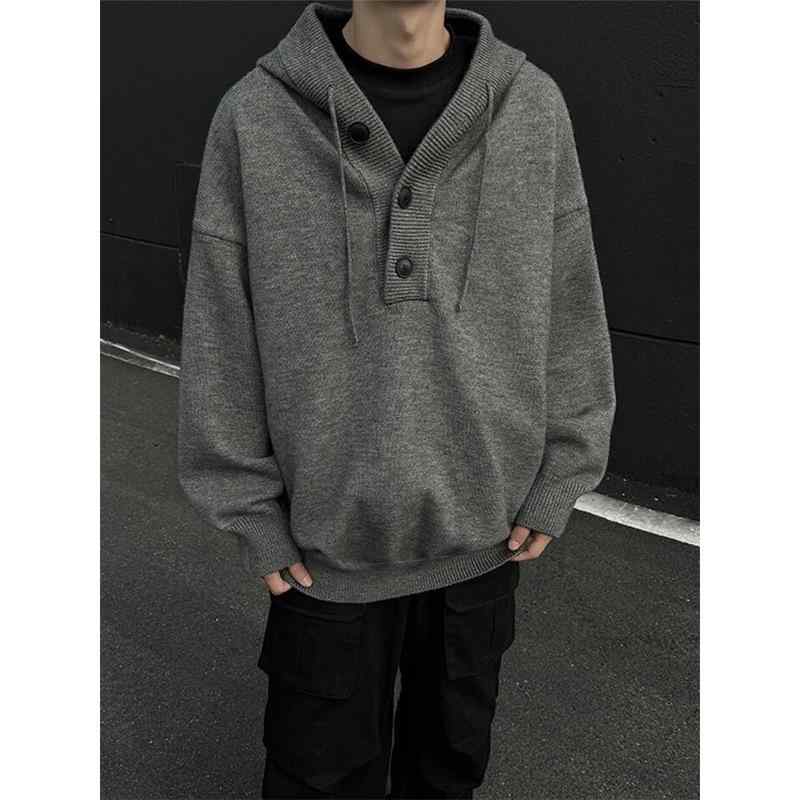 Knit Sweater - ニット メンズ パーカー 厚手 秋冬 長袖 プルオーバー 宽松 ポリエステル 洗濯機洗い可能 グレー ブラック