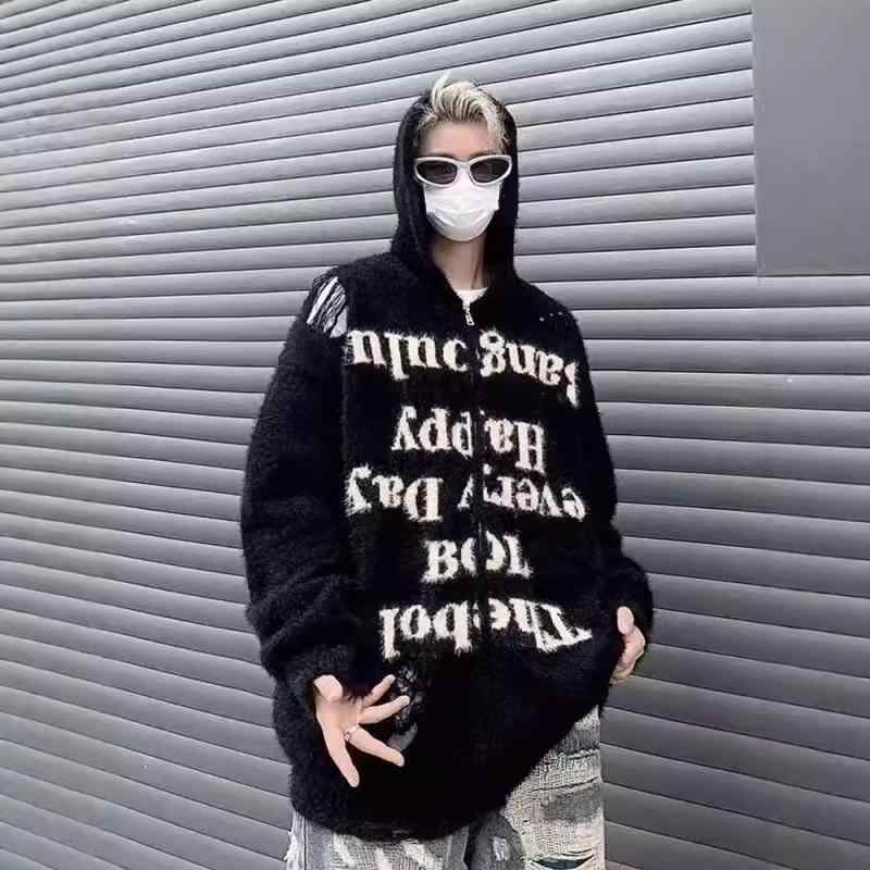 Knit Sweater - ニット カーディガン メンズ パーカー 冬 厚手 防寒 フード付き ジップアップ トップス 秋冬 黒 ブラック グレー
