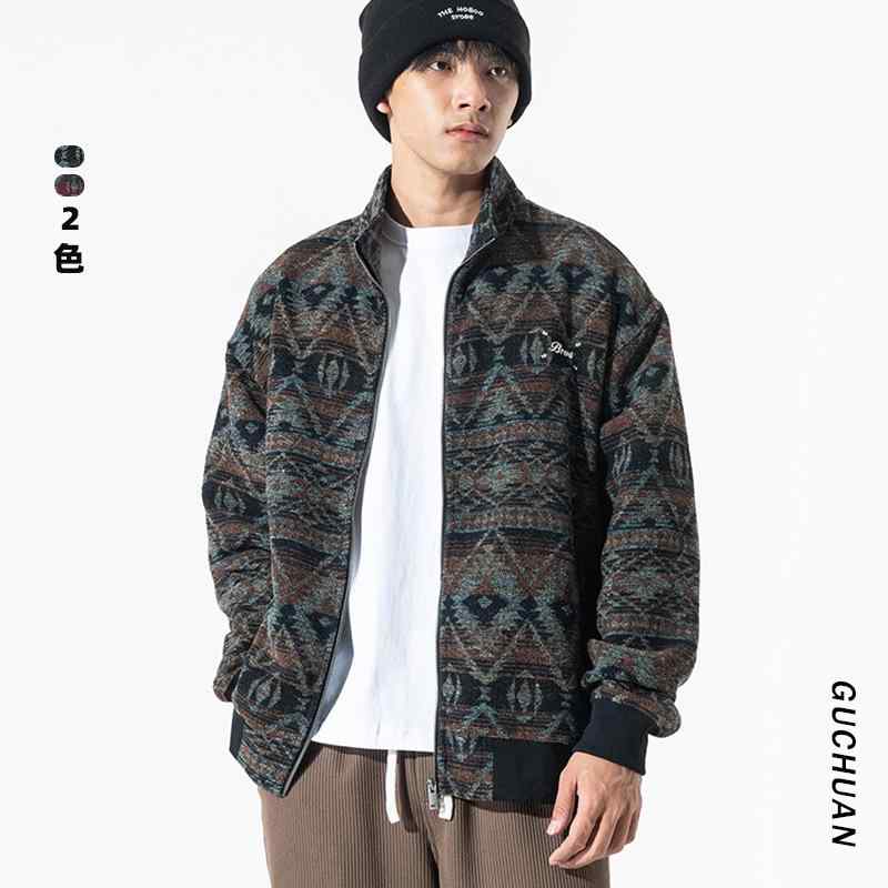 Knit Sweater - カーディガン メンズ アメリカンレトロ ニット スタンドカラー 長袖トップス 秋冬 リラックスフィット ゆったり 提花 民族風 赤 ベージュ
