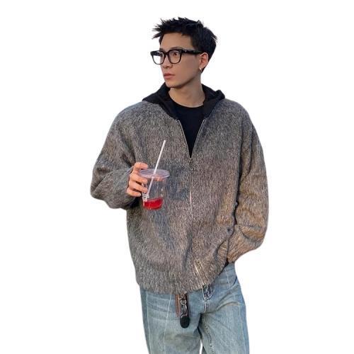 カーディガン メンズ ニット カーディガン レトロ 配色 秋冬 綿 混紡 ゆったり フード付き 高弾性 普段使い デイリー