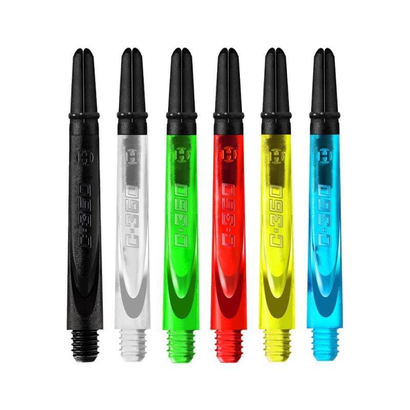 Harrows ハローズ CARBON360 カーボン360 ダーツ シャフト素材：ポリカーボネート、カーボン｜全長(ネジ山含まず)：ショート35.0mm/ミディ42.0mm/ミディアム49.0mm重量：ショート0.85g/ミディ1.05g/ミディアム1.25g内容物：シャフト×1set(3個)｜シャフトリング×1set(3個)ベース部分は耐久性のあるポリカーボネート、フライト挿入部分は頑丈なカーボン複合材を使用したシャフト。商品ページ掲載の商品仕様や、パッケージ・デザイン・付属品等は、予告無しに変更となる場合がございます。予め、ご理解・ご了承の上、ご注文下さい。