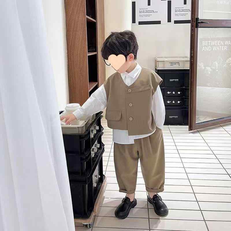 子供用スーツ 男児 秋物 3点セット フォーマル ベスト付き コットン カーキ色 黒色 80 90 100 110 120 130 140