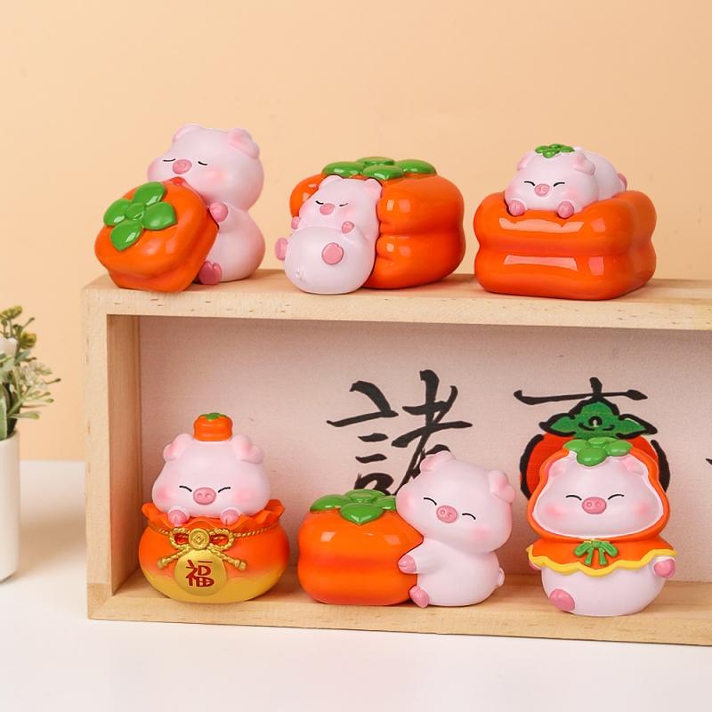 置物 オブジェ かわいい ブタ 柿 モチーフ 樹脂製 デスク 飾り ギフト(3)