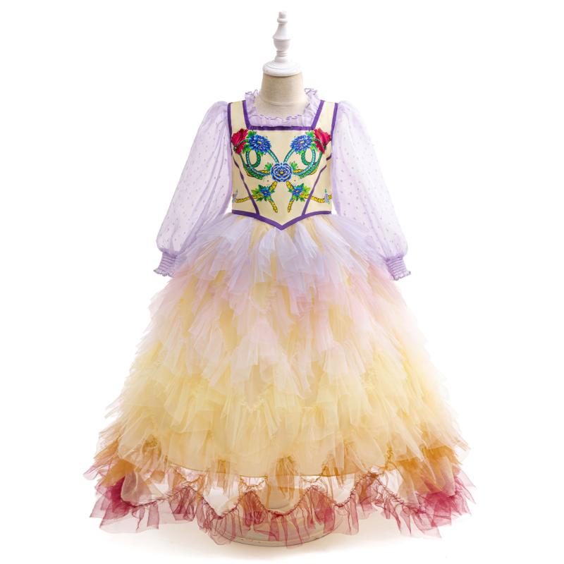 子供用ドレス コスプレ ハロウィン 長袖 礼服 女の子 ワンピース 春秋 プリンセス かわいい チェック柄 リボン フリル パープル イベント 衣装