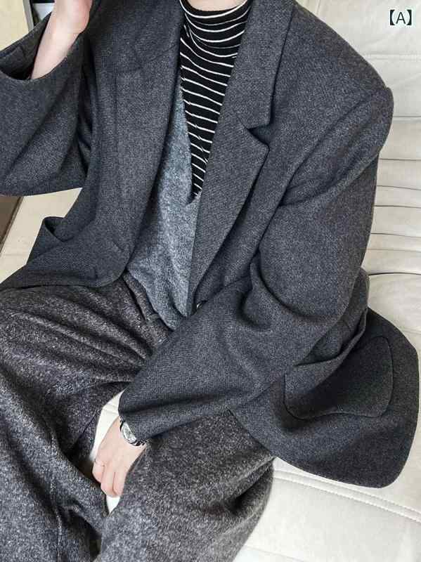 ジャケット レディース 秋冬 羊毛 ウール混紡 ブレザースーツ テーラード ゆったり ルーズフィット 韓国ファッション カジュアル グレー ブラウン