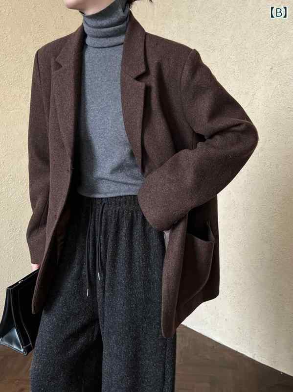 ジャケット レディース 秋冬 羊毛 ウール混紡 ブレザースーツ テーラード ゆったり ルーズフィット 韓国ファッション カジュアル グレー ブラウン