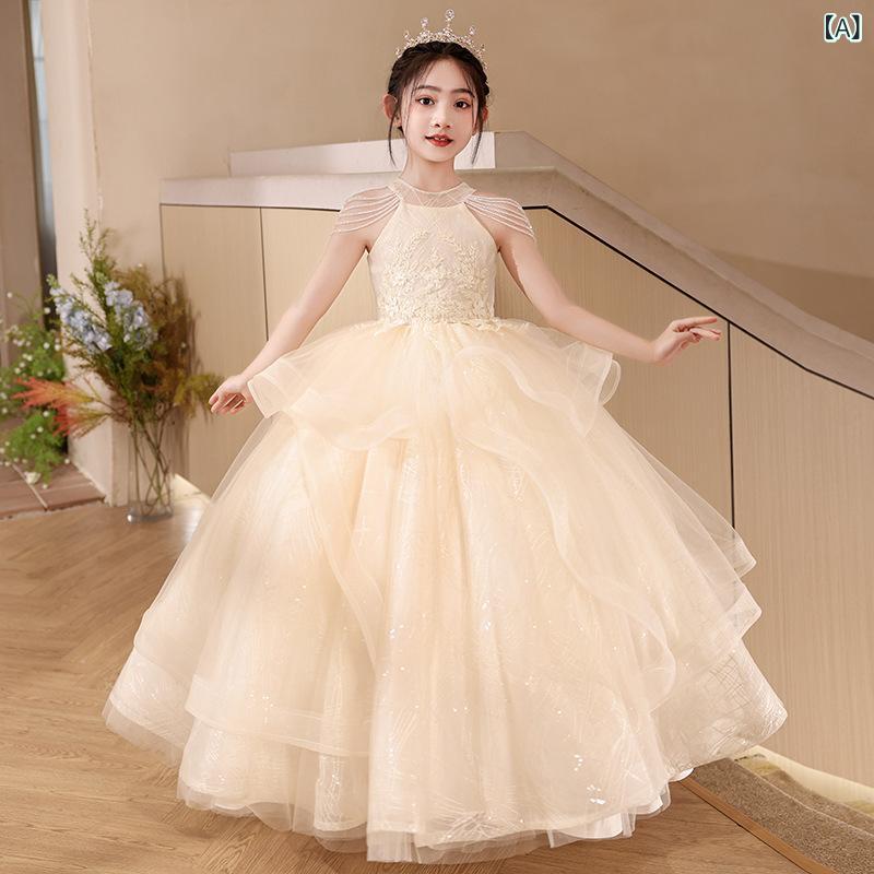 シャドーテールの子供用フォーマルドレス ガールズ プリンセスドレス ピアノ発表会 演奏会 パーティー 結婚式 誕生日 シャンパン色 ピンク色 白色 110cm 120cm 130cm 140cm 150cm 160cm｜アングル2
