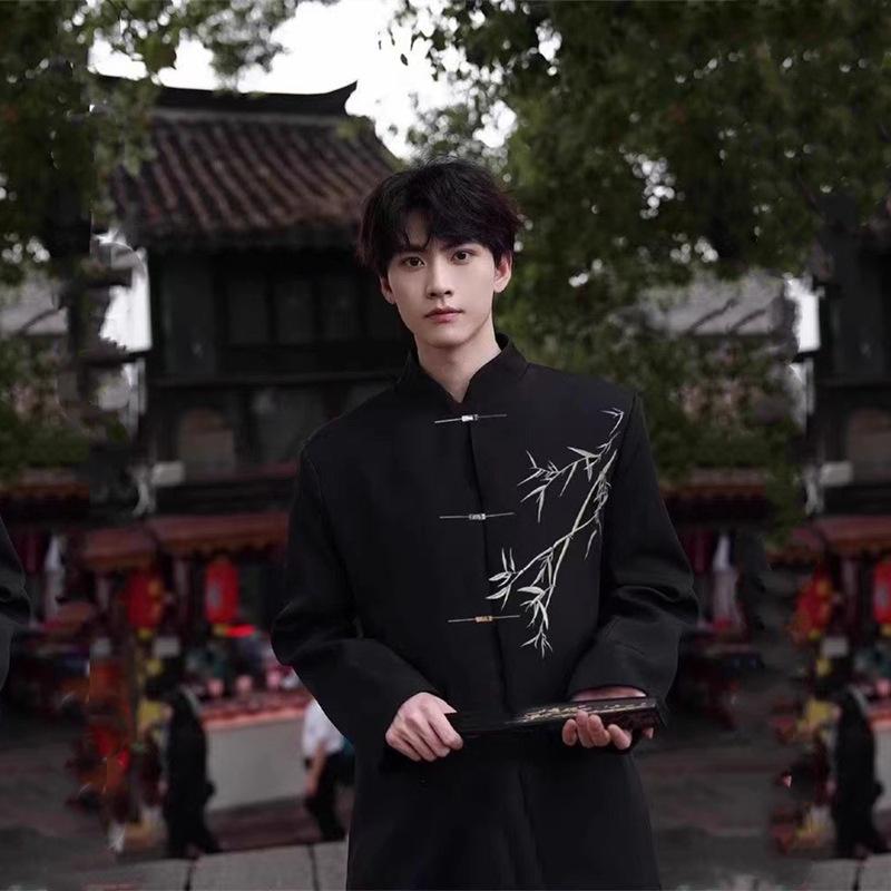 ジャケット メンズ 男性用 唐装 中山服 立襟 刺繍 コーデュロイ 春物 スリムフィット 黒 ブラック