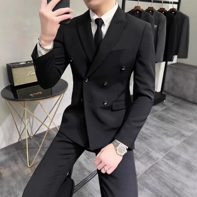 ジャケット メンズ ダブルブレスト テーラードジャケット スリムフィット 結婚式 フォーマル スーツ トップス 無地 春秋 黒色