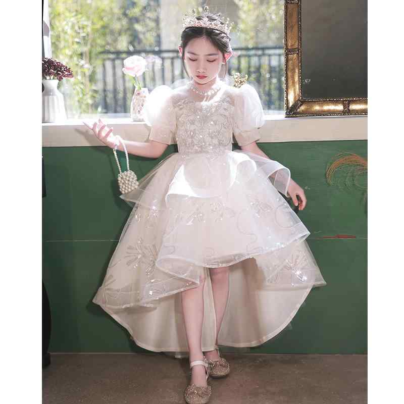 子供用ドレス 女の子 ピアノ 発表会 演奏会 衣装 ウェディング 結婚式 花柄 レース チュール プリンセス フォーマル パーティー イベント 春 シャンパン色 110cm 120cm 130cm 140cm 150cm 160cm