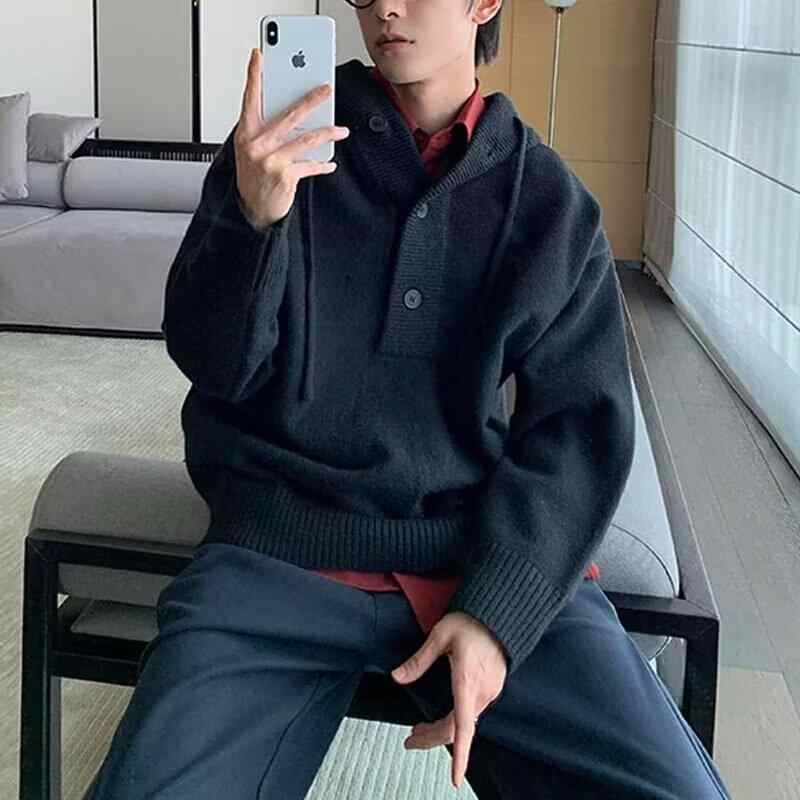 ニット メンズ ニットパーカー プルオーバー 秋冬 無地 ゆったり 長袖 フード付き トップス 普段使い カジュアル シンプル ブラック グレー