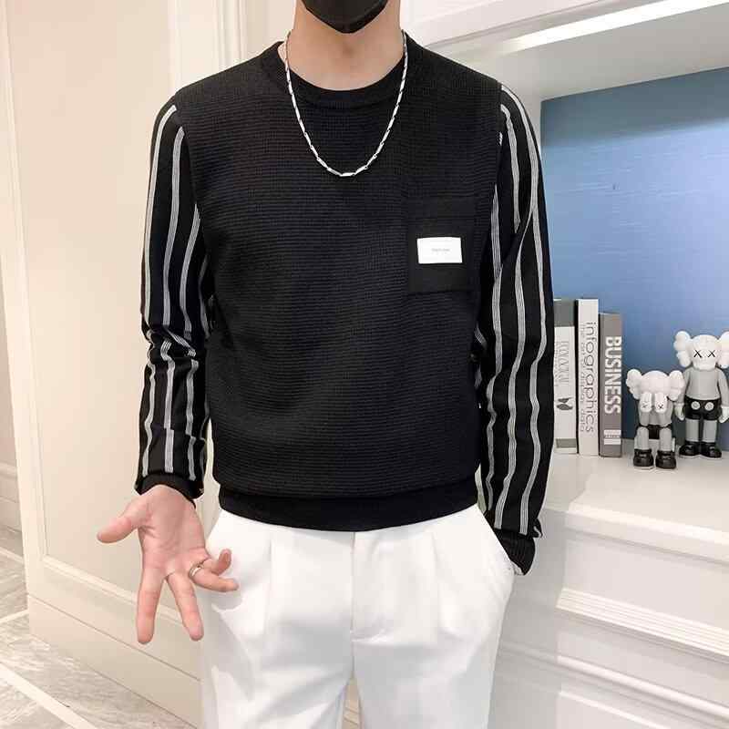 Knit Sweater - スウェット メンズ ニットトップス 配色 フェイクレイヤード カットソー 長袖 防寒 インナー プルオーバー 秋冬