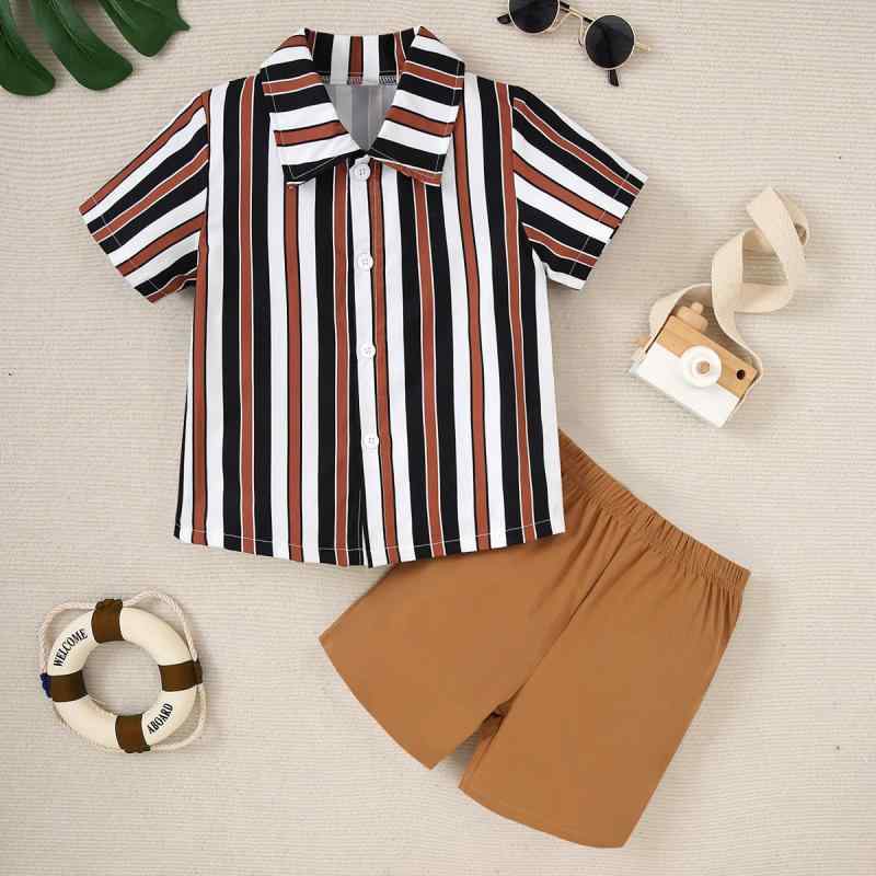 子供服 男の子 ストライプ 半袖シャツ 無地 短パン 2点セット 涼しい 普段着 部屋着