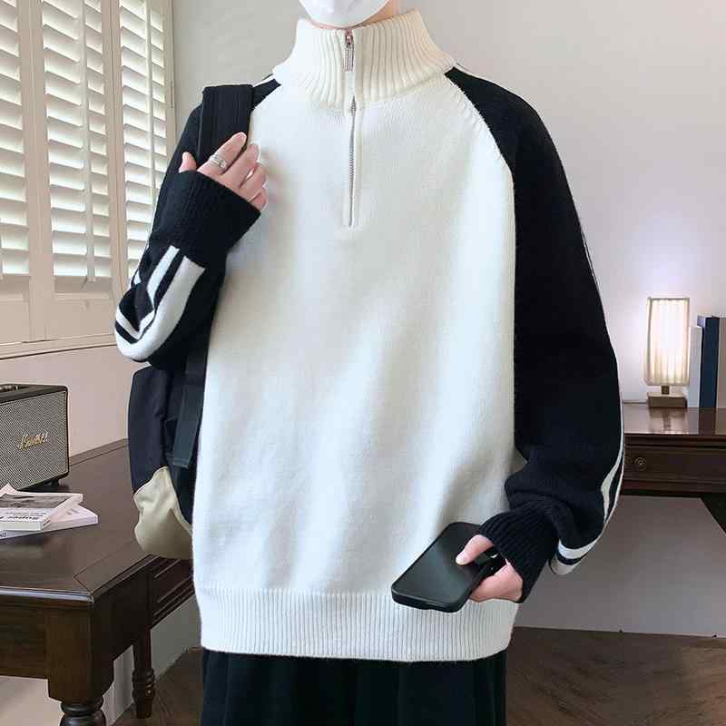 ニット メンズ 男性用 セーター 秋冬 配色 切り替え ハーフジップ スタンドカラー プルオーバー 普段使い デイリーユース トップス 長袖 ポリエステル ホワイト ブラック レッド M L XL XXL XXXL