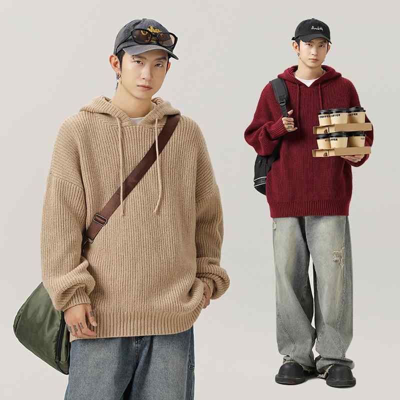 ニット メンズ ルーズ 無地 フード付き 2024AW 長袖 プルオーバー ポリエステル 部屋着 普段使い 黒 赤 グレー カーキ オフホワイト