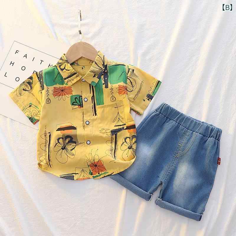 シャドーテールの子供服 パンツセット 韓国風 ベビー服 半袖シャツ デニムショートパンツ 上下セット 幼児 普段着 かわいい 春夏 綿100% 男の子 女の子 白 黄色 青 格子柄｜アングル3