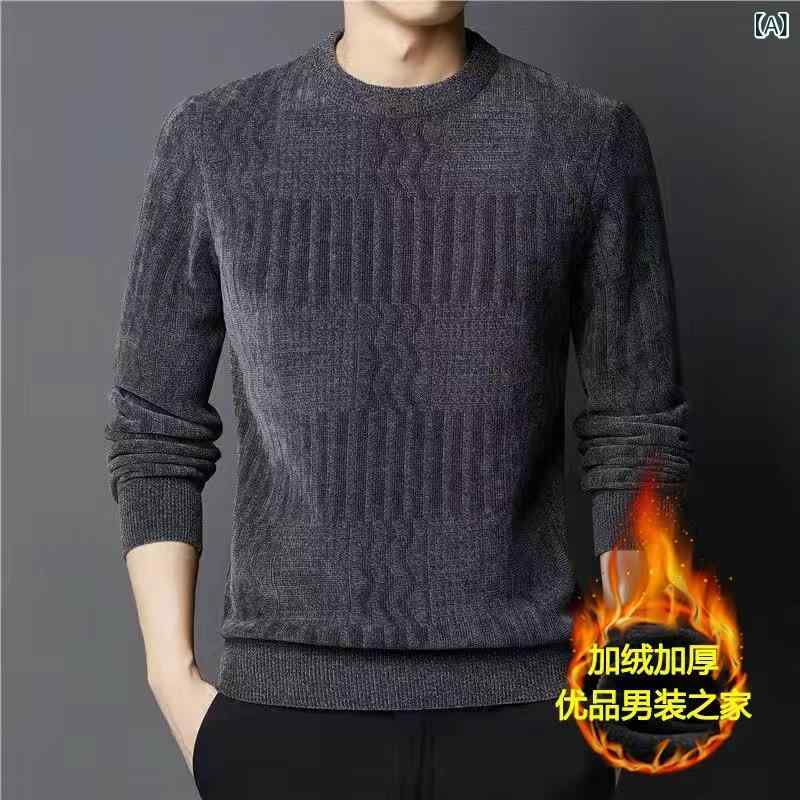ニット メンズ 裏起毛 スウェット シャツ シェニール ラウンドネック トップス カットソー 厚手 秋冬 防寒 暖かい あったか グレー 紺色 黒色