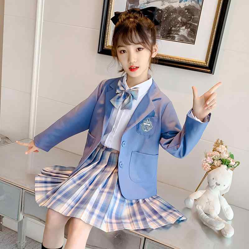 子供用スーツ ドレスセット 女の子 JK制服 格子柄スカート 3点セット 春秋 コットン 子供服 ガールズ フォーマル 長袖シャツ ジャケット スカート ピンク系 ブルー系