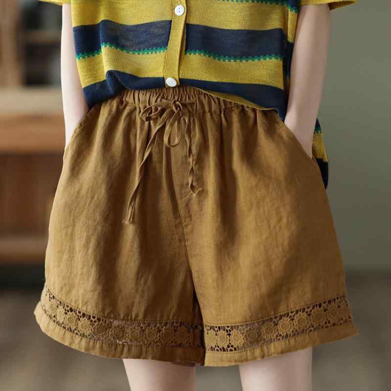 レディース ショートパンツ 夏用 薄手 リラックスフィット コットン 麻素材 ワイドレッグ ハイウエスト ゴムウエスト ドローストリング..