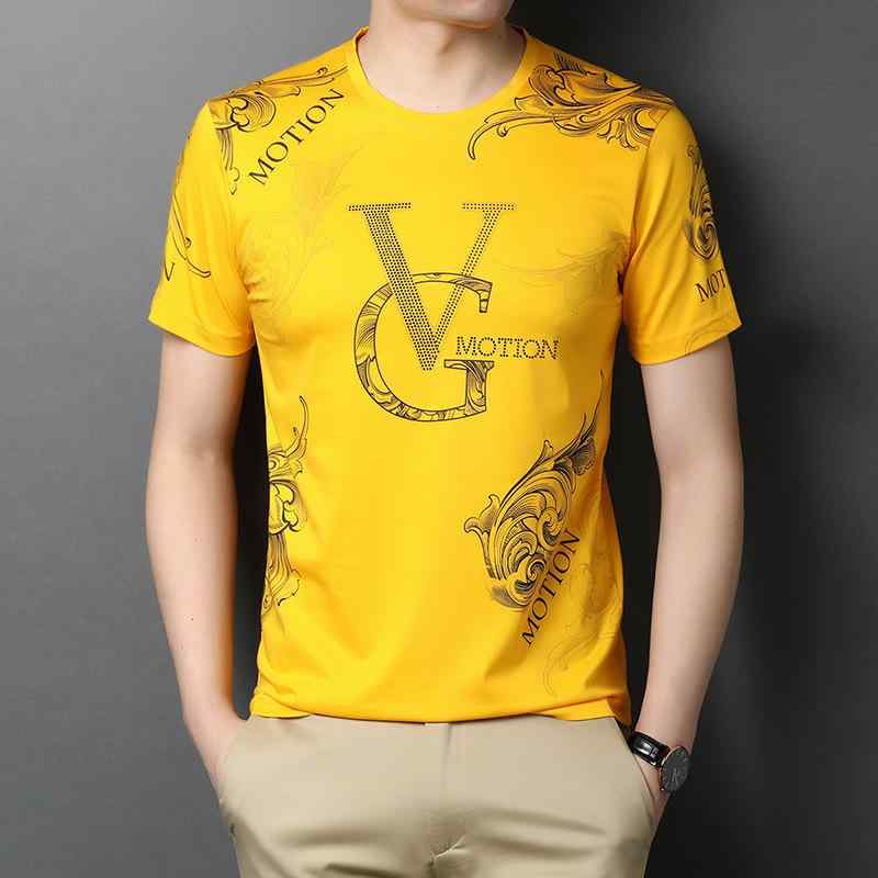 Rakuten - Tシャツ メンズ スリム コットン プリント プルオーバー カットソー 男性用 トップス 薄手 半袖 幾何学模様 ホワイト ブラック イエロー ブルー ピンク系