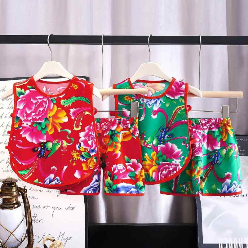 ベビー 上下セット 短パン 新生児 赤ちゃん 人造綿 コットン 琵琶 ノースリーブ パンツ 中国風 レッド ..