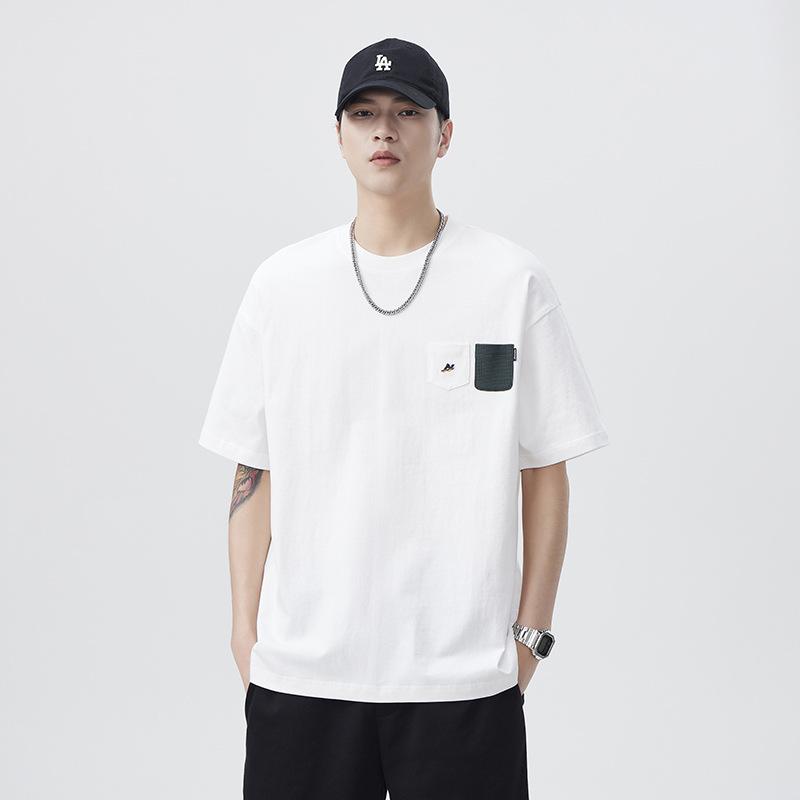 Tシャツ メンズ 男性用 半袖 新疆綿 ポケット付き 無地 クルーネック ドロップショルダー ゆったり 大きめサイズ ラージサイズ 吸湿性 普段使い