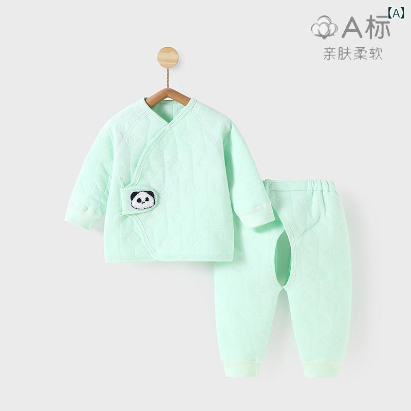 ベビー 新生児 あったかインナー 上下セット 秋冬 長袖 純綿100% 和尚服 部屋着 パジャマ ルームウェア かわいい グリーン イエロー ピンク ホワイト ブルー 2
