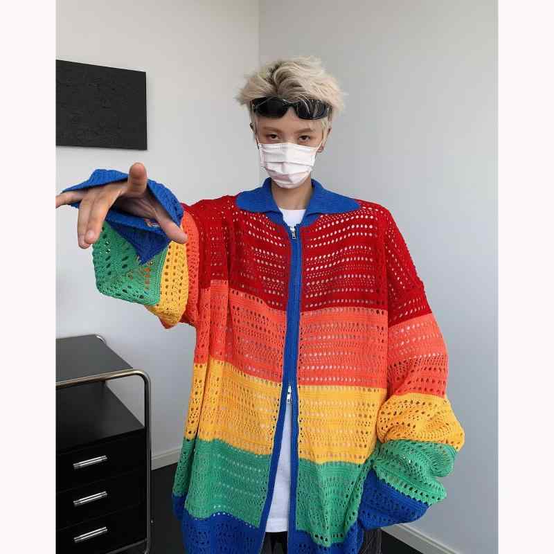 カーディガン メンズ 秋物 配色 ニット ジップアップ パーカー 高級感 ゆったり 薄手 トップス 彩り レインボーカラー