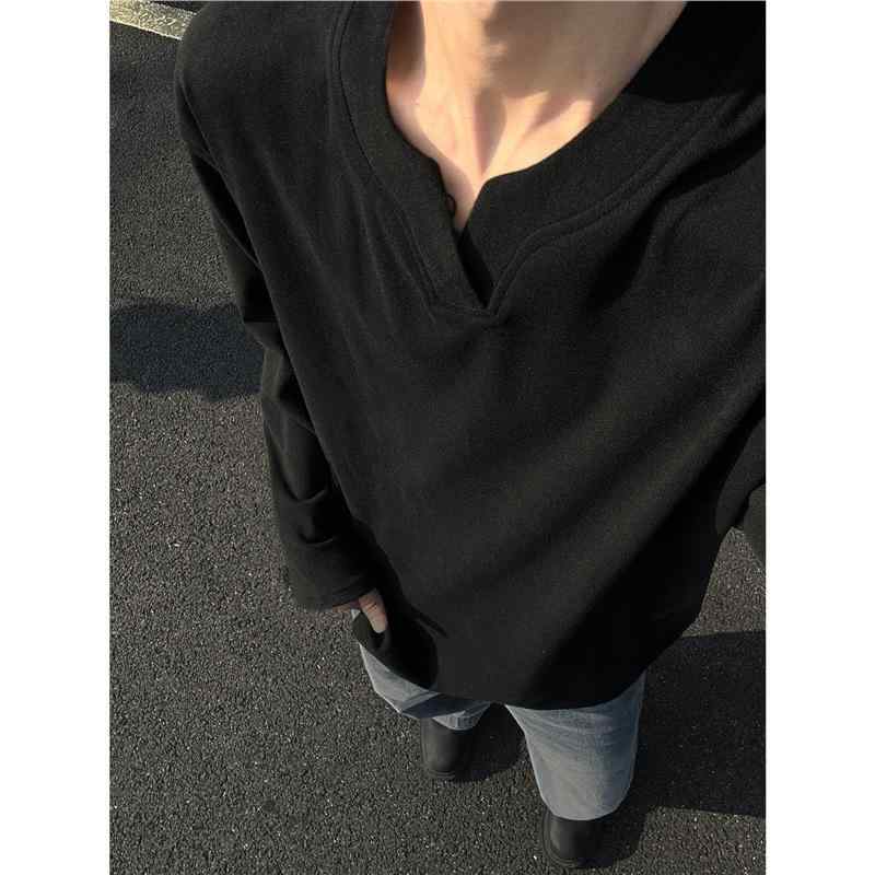 Tシャツ メンズ Vネック 長袖 ポリエステル 無地 春秋 ルームウェア 普段使い ダークグレー ブラック ホワイト